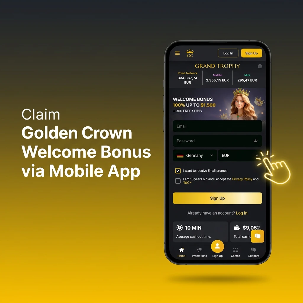 Smartphone screen displaying the Golden Crown mobile app interface to claim the welcome bonus.