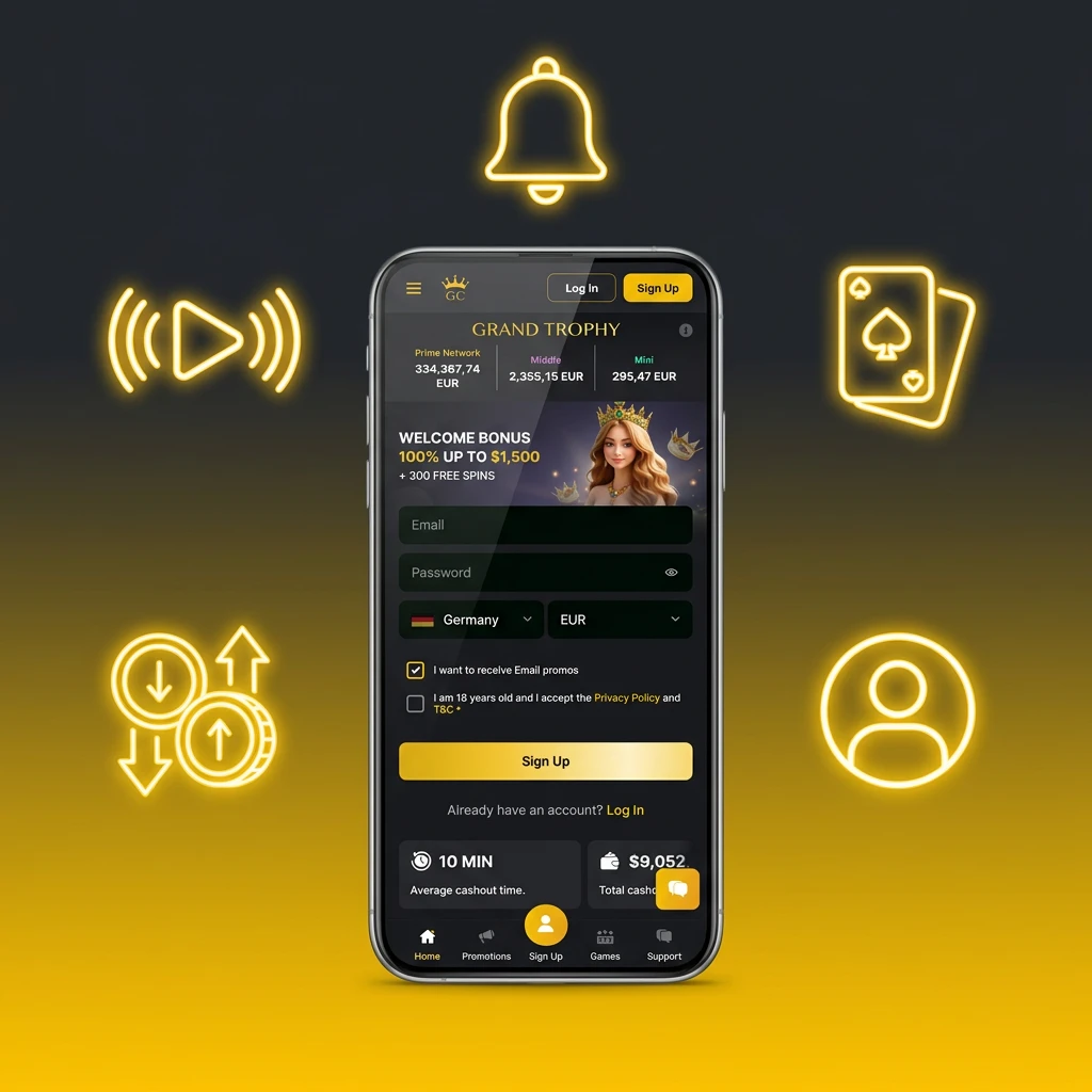 Golden Crown mobile app interface displaying live sports betting, casino games, and secure banking features.