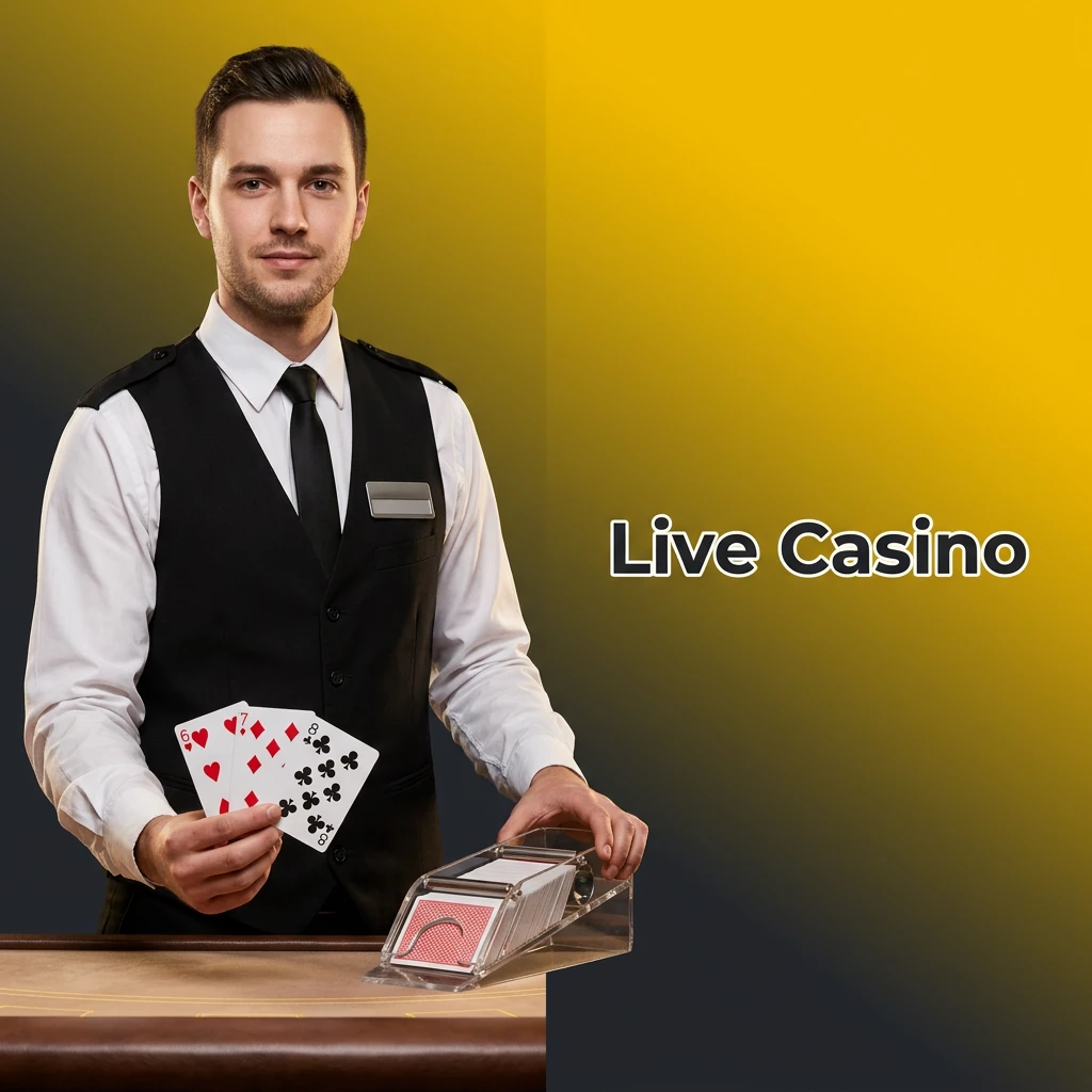 Live casino screen displaying a real human dealer with physical cards and a roulette wheel hosting authentic games.