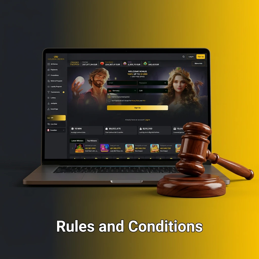 List of platform rules and conditions covering age limits, account restrictions, bonus terms, and anti-fraud policies.