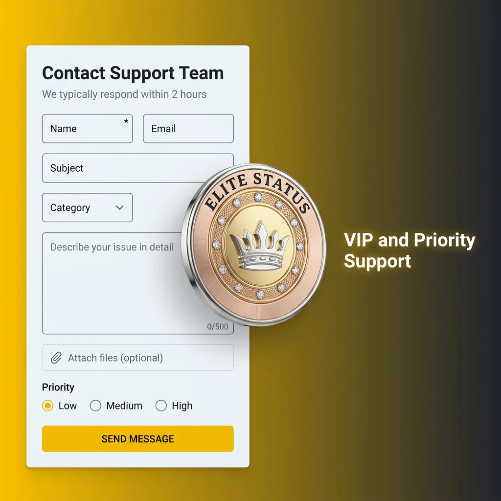 Illustration of VIP priority support featuring dedicated account managers, private contact lines, and instant assistance.