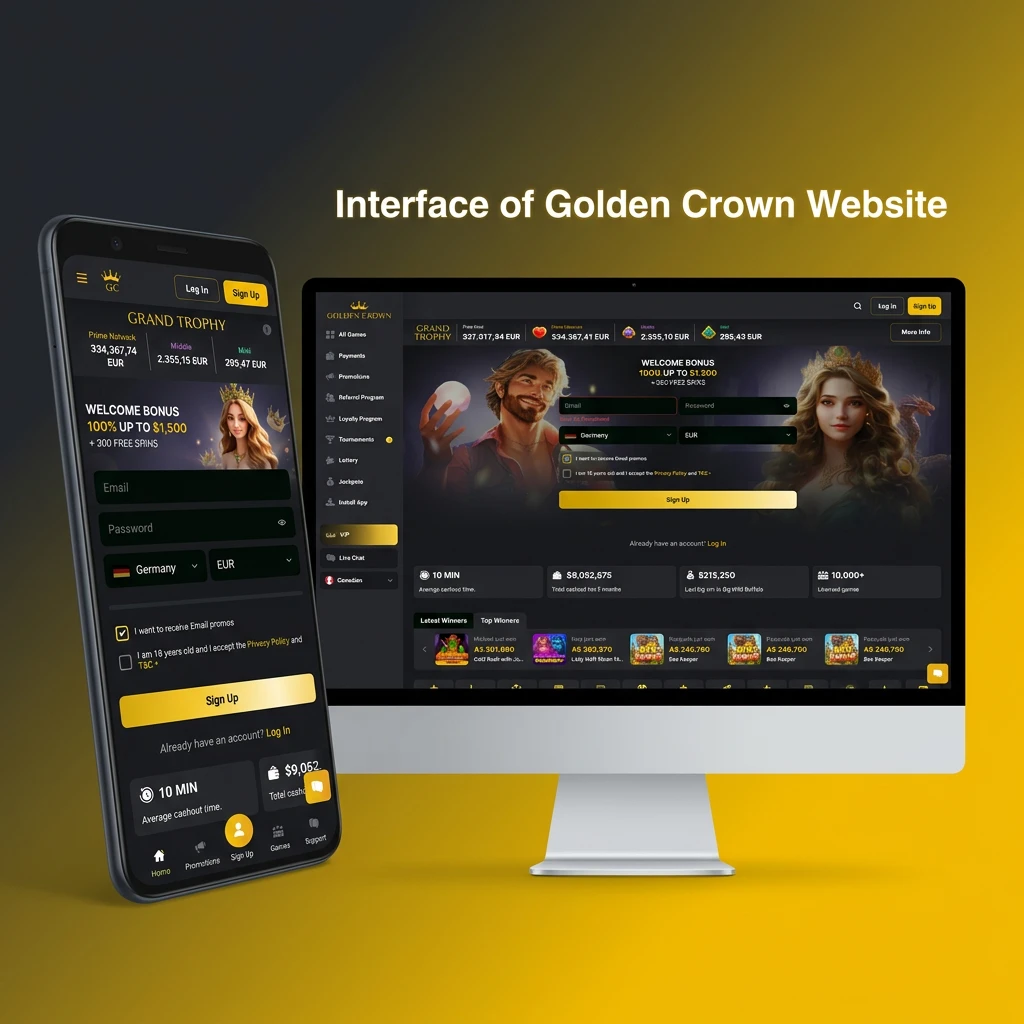 Golden Crown website interface with a top navigation bar showing sports betting, casino games, and promotions.