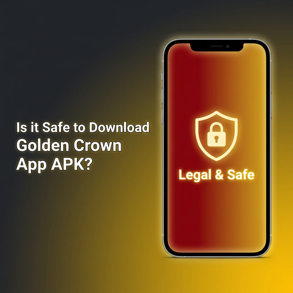 Graphic showing Golden Crown App APK download safety, featuring SSL encryption, data protection, and official licensing.