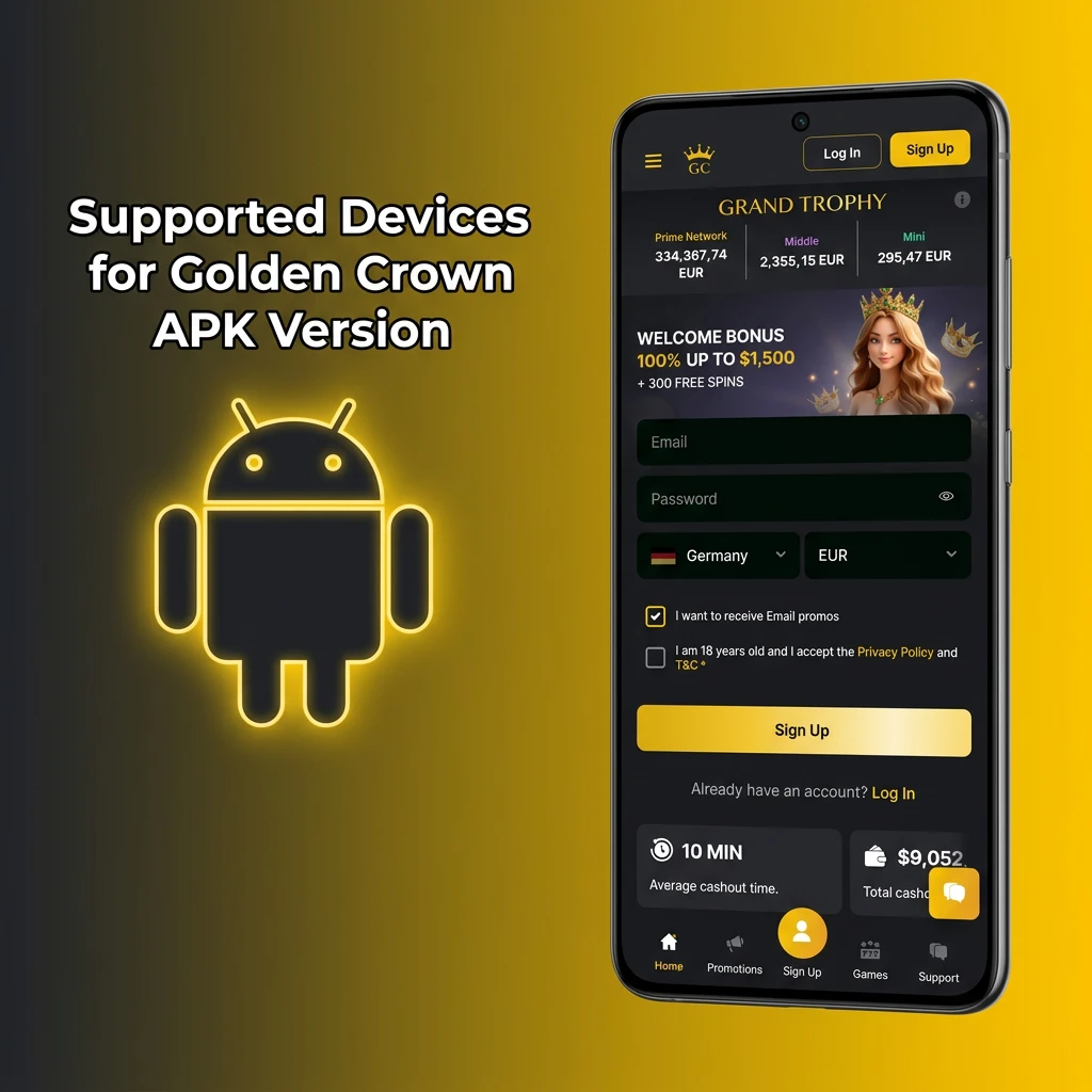 Table listing supported smartphone brands and models for the Golden Crown APK, including Samsung, Google, and Xiaomi.