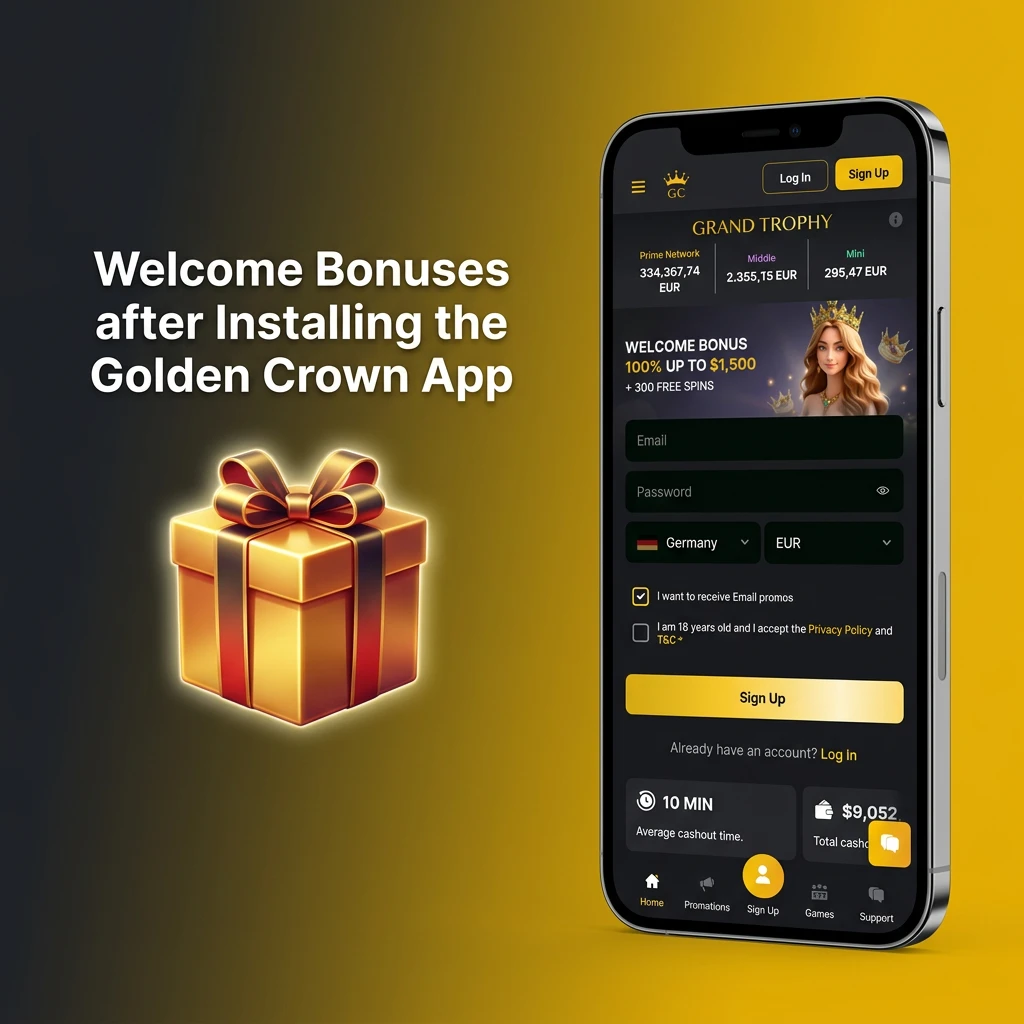Golden Crown App welcome bonus showing a 100% match up to $1,500 and 300 free spins for new players.