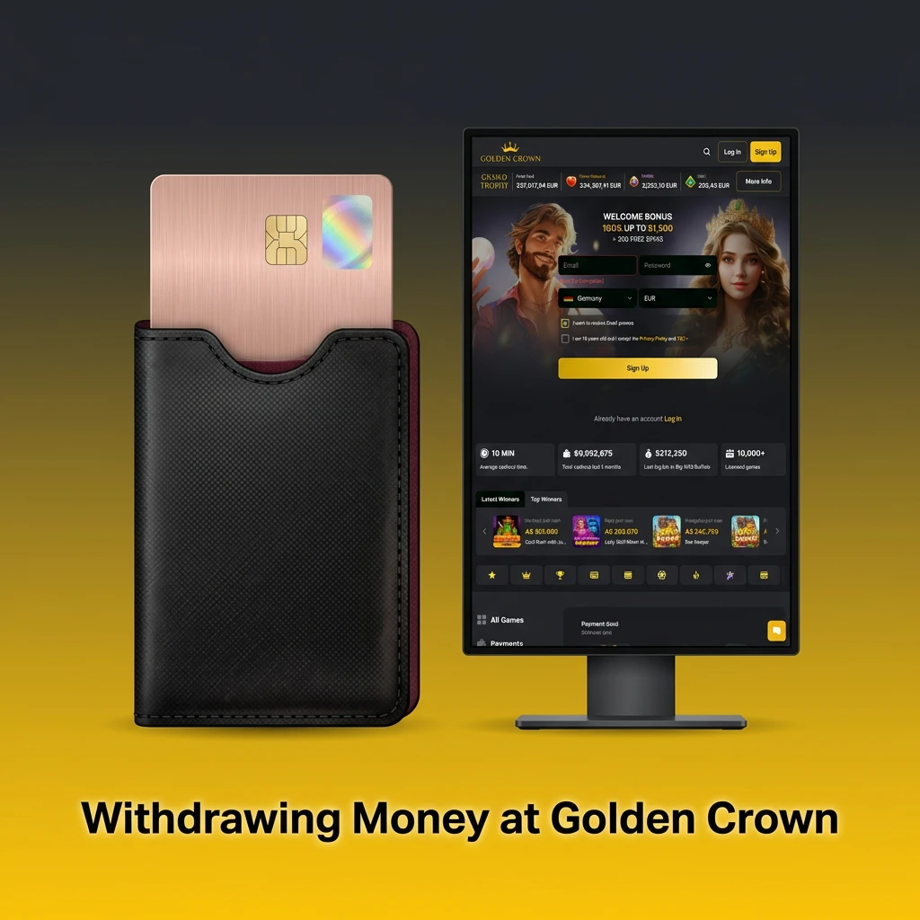 5-step guide to withdrawing money at Golden Crown, from visiting the cashier to submitting a payout request.
